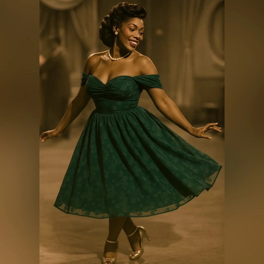 Unique Vintage 1950s Teal Green Jacquard Off Shoulder Flare Dress, Size  XL, NWT - Picture 11 of 15